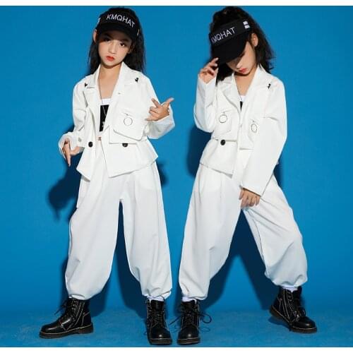 New Kids Hip Hop Clothing White Suits Street Dance Stage Costumes Modern Jazz Performance Outfit Girls Hip Hop Pants Tops BL5419