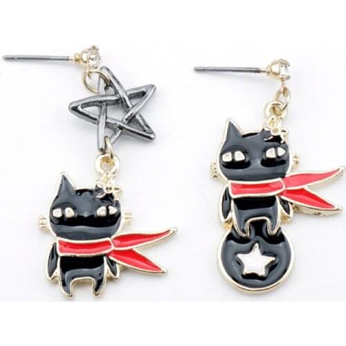 New Fashion Anime Cute Cartoon Black Cat Lucky Star Animal Pendant Earrings Jewelry Gift For Women Girl Kids CHildren