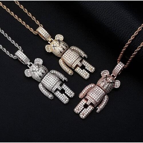 Hip Hop Claw Setting AAA+ CZ Stone Bling Iced Out Cute Cartoon Bear Doll Pendants Necklaces for Women Men Rapper Jewelry Gift