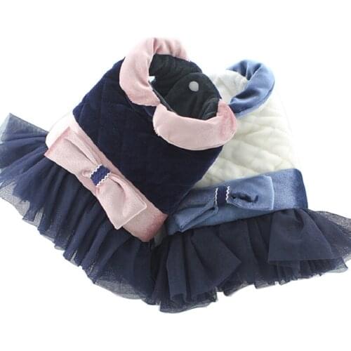 Autumn Princess Dog Dress Puppy Skirt Tulle Bowknot Bulldog Teddy Luxury Fleece Warm Clothes