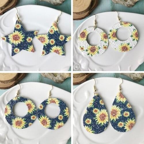 Sunflowers Glitter Leather Earrings for Women Teardrop Boho Western Style Vintage Jewelry Star Shape Handmade Dangle Earrings