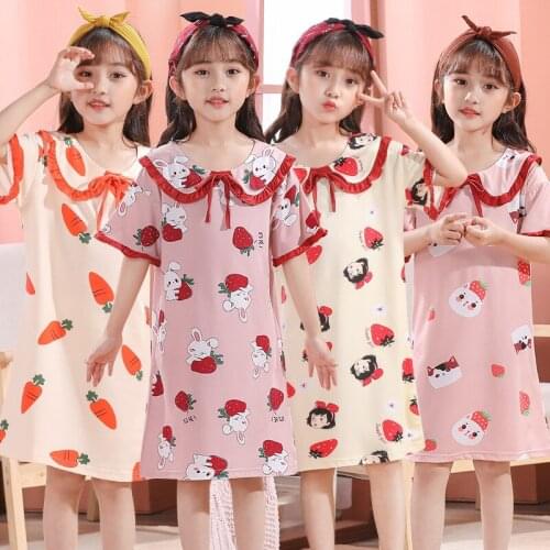 Retail 4-12T Short Sleeves Cotton Sleeping Dress Childrens Clothing Home Wear Nightdress Girl Kids Pajamas Summer Sleepskirt