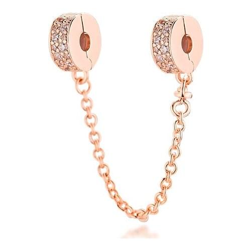 CKK Silver 925 Jewelry Rose Gold sparkling Safety Chain Fits Original Bracelet Sterling Beads