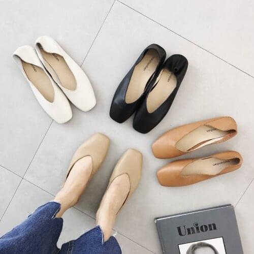 Spring Summer 2020 Flat Single Shoes Women Soft Leather Simple Shallow Mouth Square Toe Leisure Retro Lazy Flats