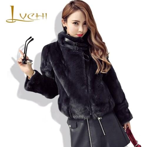 LVCHI beautiful Womens Coats Fur Fashion Adjustable Collar Mink Fur Coat Natural Mink tail fur Coat for Women Black Mink Coat