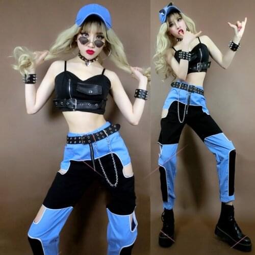 Hip Hop Adult Street Dance Clothing For Women Crop Tops Blue Hiphop Pants Jazz Performance Costume Cool DJ Dancer Wear DNV14672