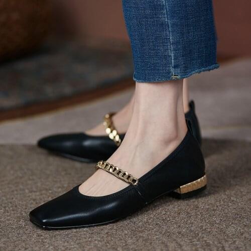 Brand Design 2021 Autumn Luxury Chain Square Toe Shallow Low Heels Shoes Genuine Leather Slip-on Women Loafers Casual Shoes