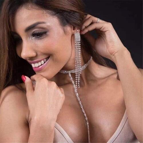 Womens sexy Rhinestone Double Necklace luxury shiny jewelry long Tassel Necklace Crystal collar party jewelry gift accessories