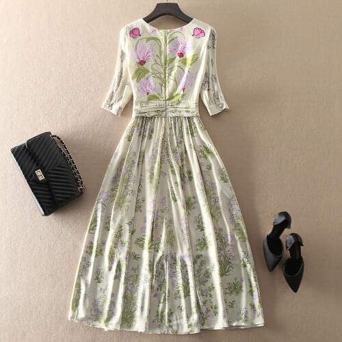 Runway 2021 Summer Fashion Green Half Sleeve Draped Flower Print Long Elegant Beach Holiday Dress