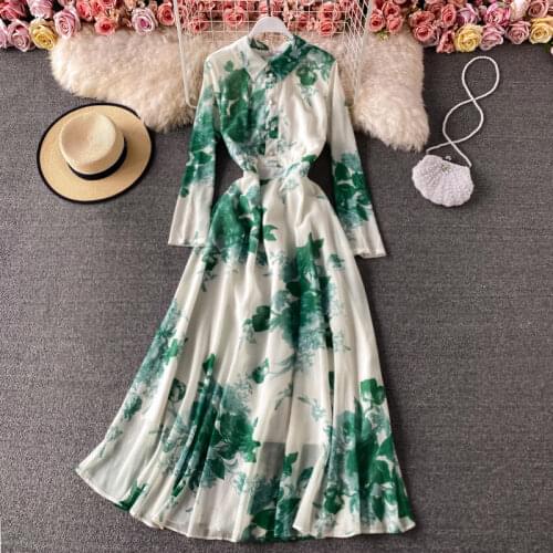 Gentle Style Shirt Collar Dress Women Fall Retro Ink Painting Print Temperament Slim Long Maxi Dress Full Sleeve Femme Robe M035