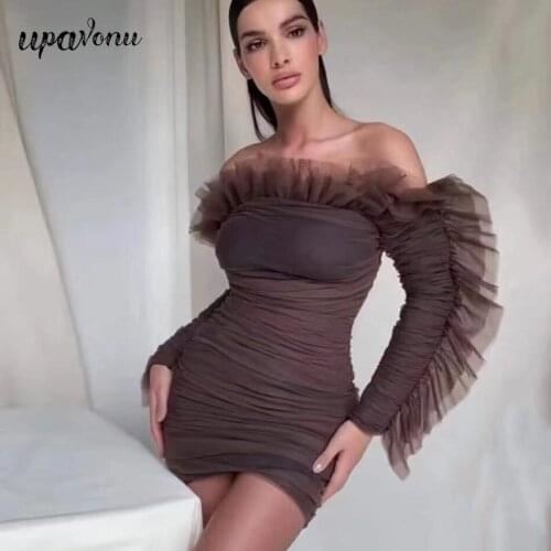 Free Shipping Sexy Card Shoulder Long Sleeve Mesh Patchwork Dress 2021 Summer New Womens Bodycon Club Party Draped Mini Dresses