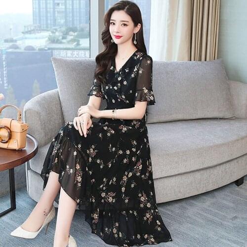 2020 Summer Chiffon Dress Womens Thin Slim temperament Plus Size 5XL Floral Dress female Dresses m501