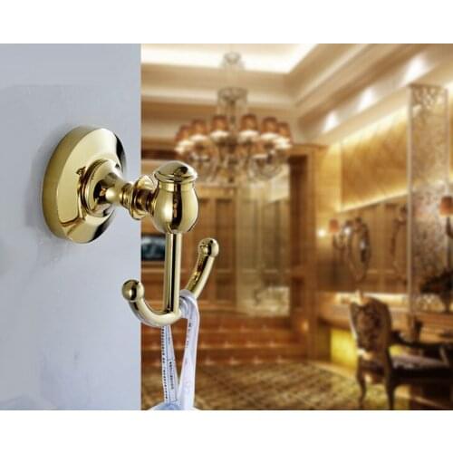 1Pcs Gold Color Brass Wall Mounted Double Robe Hooks Coat Hat Towel Hook Hanger Bathroom Accessory aba161