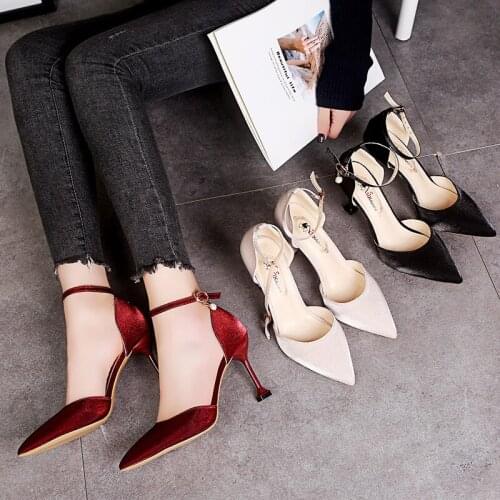 2021 fashion suede pointed goddess high heels new temperament goddess shallow mouth button-up fashion womens shoes fine heels