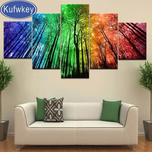5 Panel diamond painting Colorful Tree Landscape nightscape 5d diy handmade embroidery full square/round drill Modern decor art
