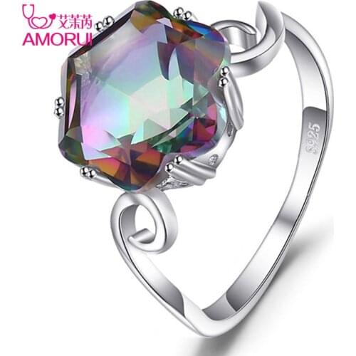 AMORUI Fashion Rainbow Zircon Rings for Women Jewelry Gift Charm Austrian Crystal Wedding/ Engagement Ring Dropshipping