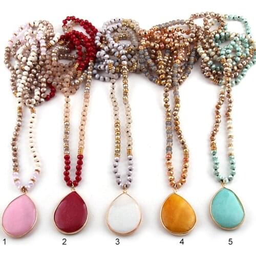 Free Shipping Fashion Bohemian Tribal Jewelry 6mm Glass Long Knotted Crystal & Stone Drop Pendant Necklaces
