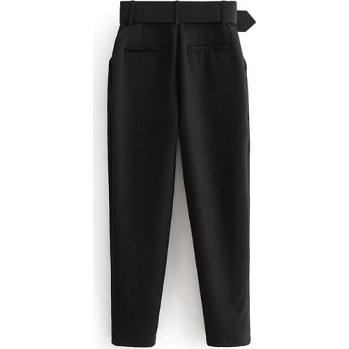 Black suit pants woman high waist pants sashes pockets office pants fashion autumn middle aged women bottoms