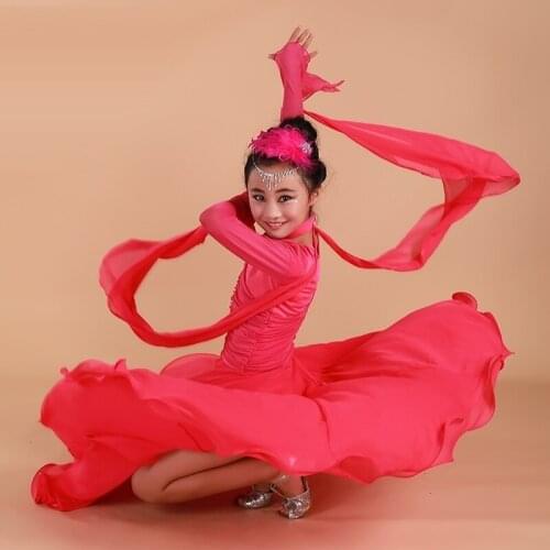 Girls Children Long Sleeve Tango Rumba Samba Flamenco Waltz Dance Competition Dress Dancewear Kids Standard Ballroom Dance Dress