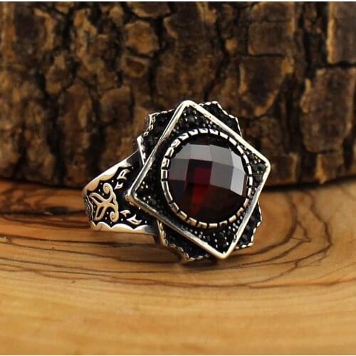 925 Sterling Silver Ring for Men Red Natural Zircon Stone Onyx Aqeq Jewelry fashion vintage All Size Gift Women Made in Turkey