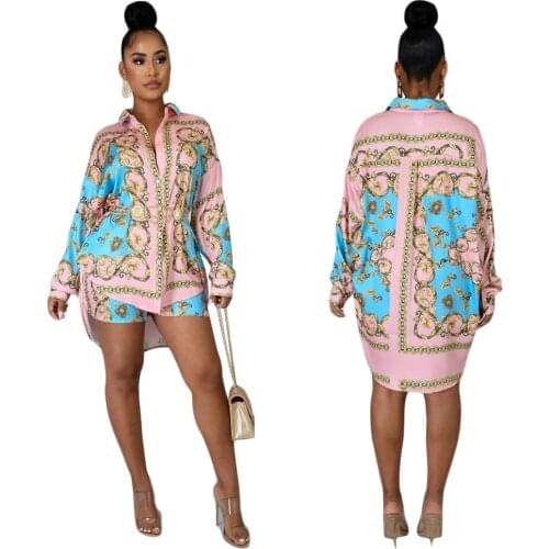Fashion Florals Prnted Women Shirt Sets Sexy Short Front Long Back Lady Shirt and Shorts Two Pieces Party Streetwear Outfits