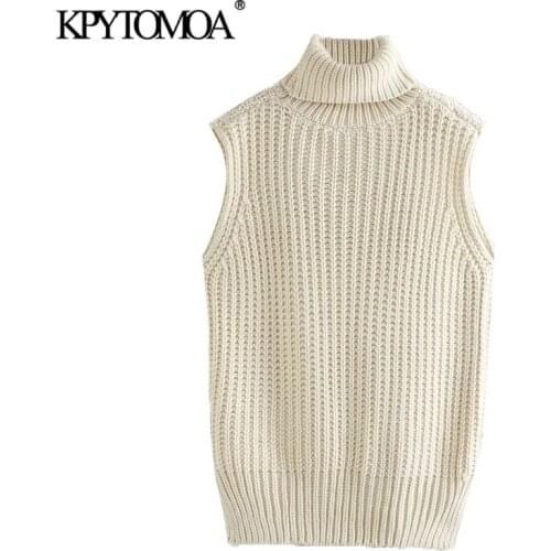 KPYTOMOA Women 2021 Fashion Loose Cable-knit Vest Sweater Vintage High Neck Sleeveless Female Waistcoat Chic Tops