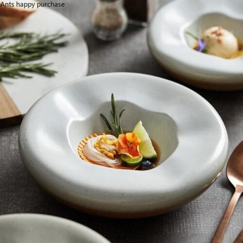 Round Ceramic Plate Dinner Plate Restaurant Hotel Decorative Tableware Dish Fruit Tray Salad Bowl Dessert Plates Irregular Bowl