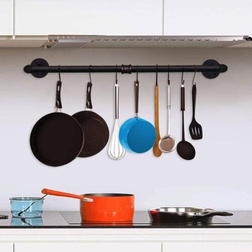 American style kitchen iron art water pipe pot cover rack kitchen rack wall-mounted with hooks wall hanging rack