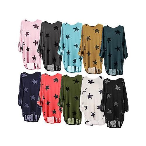 Newest Summer Women Ladies Batwing Stars Print Lagen Look Fine O-Neck Knitted Baggy Tunic Top