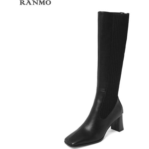2021 New Concise Fashion Square Toe Female Knee High Boots Genui Leather Thick High Heels Pumps Winter Party Casual Shoes Woman