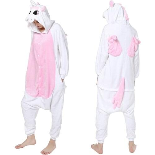 Pink Unicorn Animal Pajamas Unisex Flannel Hooded Onesies Cartoon Women Home Sleepwear Cute Christmas One-Piece Cosplay Costume