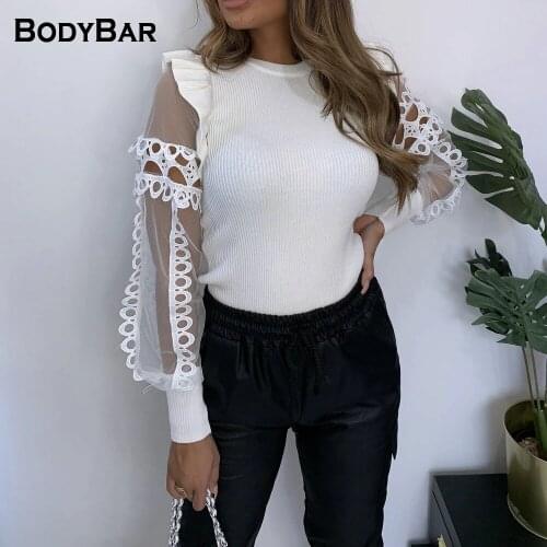 Casual Round Neck Spring Top Lace Transparent Hollow Out Long-sleeved Pullover Lady Casual Slim T-shirt For Office Mesh T Shirts