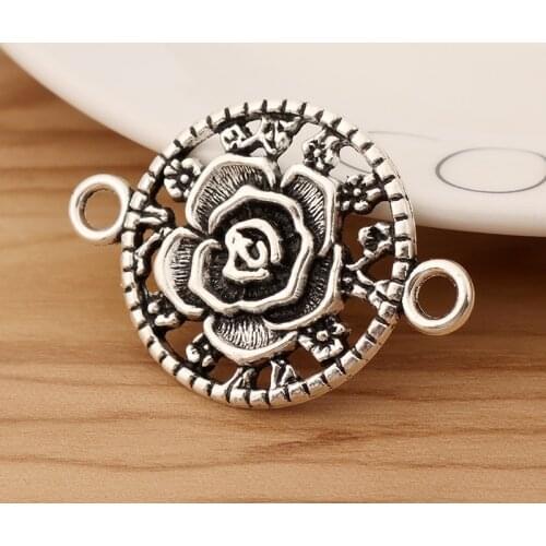 5 Pieces Tibetan Silver Rose Flower Round Connector Charms Pendant for Bracelet Jewellery Making 46x32mm