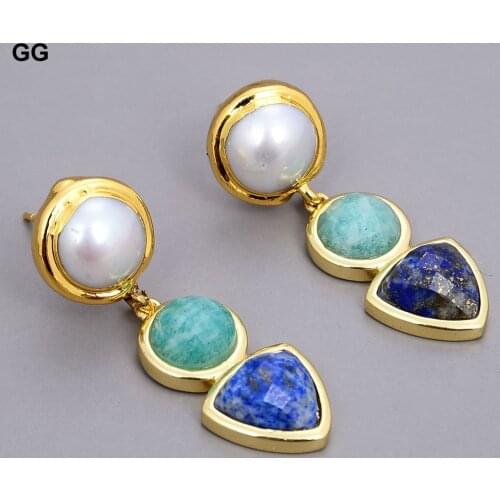 GuaiGuai Jewelry Culture White Pearl Natural Blue Lapis Green Amazonite Stud Earrings