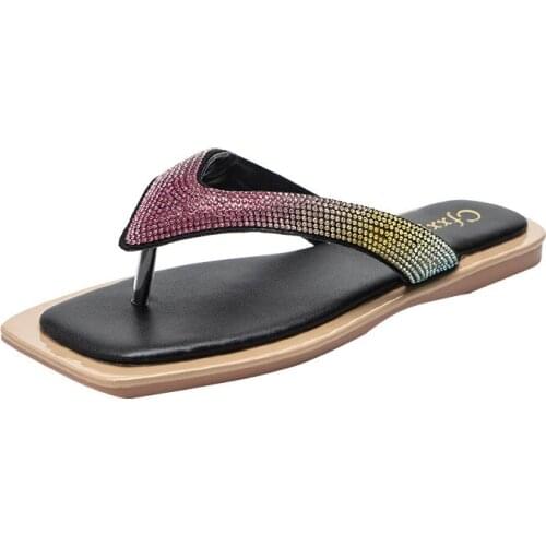 Hot Sale Fashion Woman Flip Flops Colorful Rhinestone Sandals Soft PU Leather Beach Slide Plus Size 42 Ladies Slippers Girl Shoe