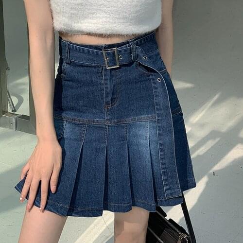 Streetwear 2021 Summer Mini Jeans Skirts Women High Waist Ruffles Pleated Denim Skirts With Belt Plus Size Korean jupe femme