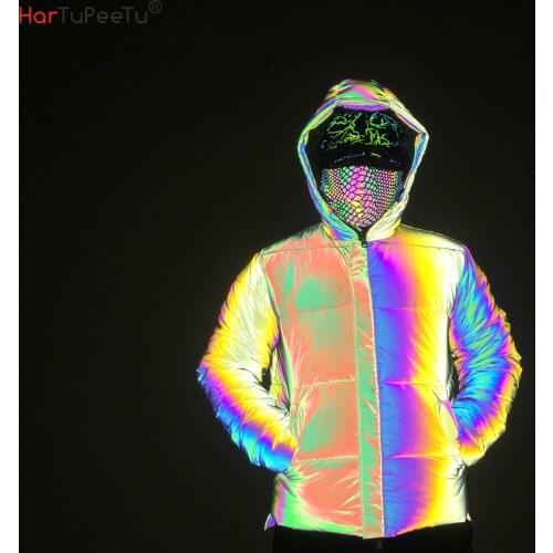 Unisex Oversize Loose Reflective Cotton Jacket Men 2021 Autumn Winter Women Rainbow Coat Pockets Pink Hooded Hip Hop Streetwear