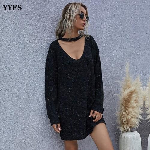 YYFS Autumn And Winter Dresses Solid Color Deep V-neck Knit Womens Dress Long Sleeve Mid-length Sweater Vestido De Mujer Robe