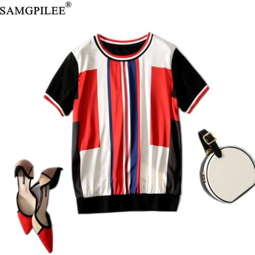 Summer T-shirts For Women 2021 New Printed Short-sleeved Knitted Stitching Vertical Striped Tshirts Retro Thin Loose Chiffon 4XL