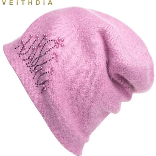 VEITHDIA Womens Hats Female Cashmere Casual Autumn Winter New Double Layer Thick 2019 Pearl Knitted Girls Skullies Beanies