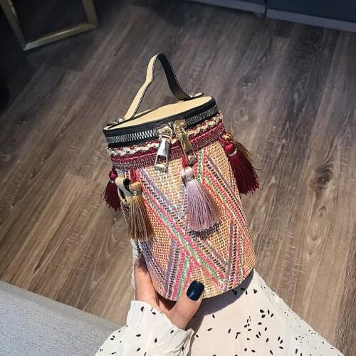 Chain women bags Ethnic Style Handbag Straw Cylinder shoulder Bag Fairy Tassel Bucket Bag 01-SB-stmzlt