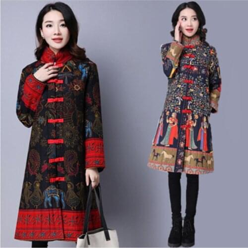 National Style flower Plate Button Cotton Padded Clothes Women 2020 New Winter Coat Linen Parker Long Outerwear Female
