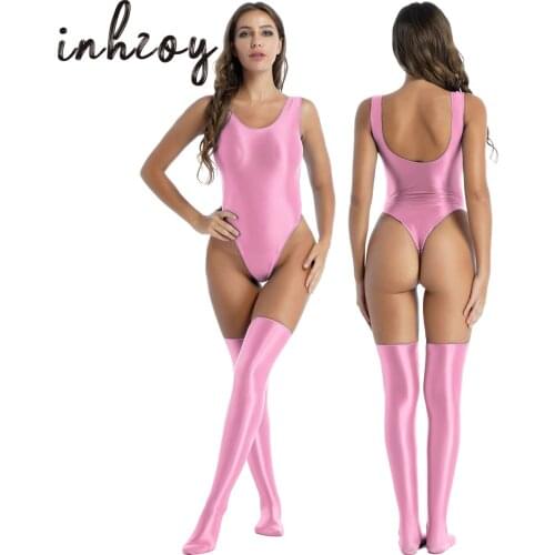 Women Sexy High Cut Bodysuit with Stocking Outfits Metallic Glossy Sleeveless Stretchy Tights One-piece Swimsuit Clubwear