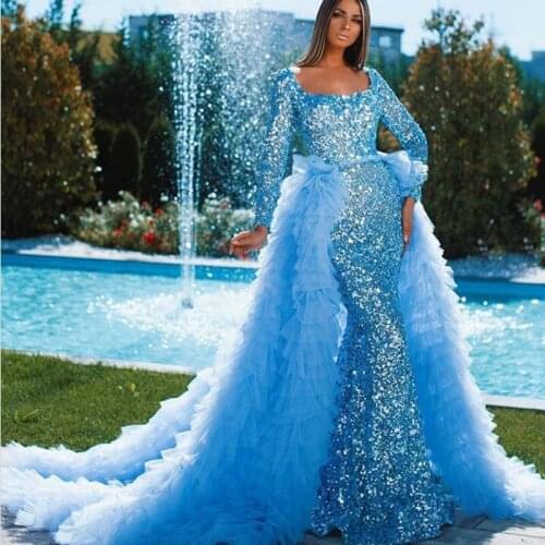 Gorgeous See Blue Sequined Mermaid Prom Gowns With Detachable Train Ruffles Tulle Sparkle 2 Pieces Women Formal Party Dresses