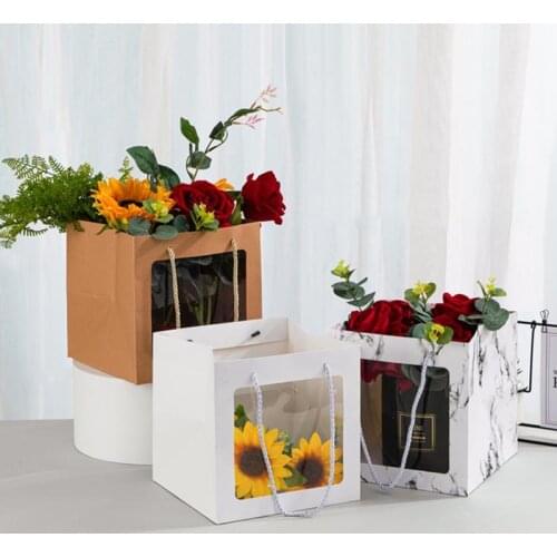 1PC Flower Gift Paper Bag Clear Window Boxes Transparant Marble Portable Gift Boxes Flower Packing Boxes Tote Bag