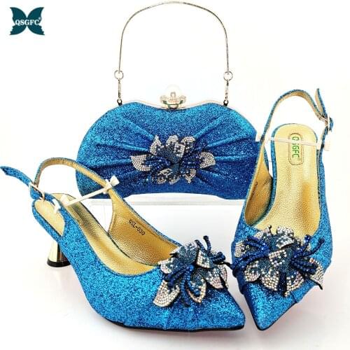 African Fashion 2021 New Arrival Italian Design Sky Blue Color Elegant Ladies Shoes and Bag Set Decorated With Flower in Party
