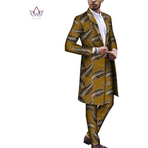 African Ankara Dashiki Suit for Men BRW Tailor Made Bazin Richi Single Button Long Jacket+Full Length Pants 2 Pieces WYN1167