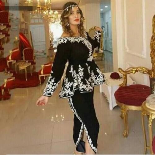 Black Karakou Algerian Evening Dresses with peplum white lace Mermaid Side Split Prom Party Gowns long sleeves Morocco Caftan