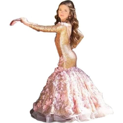 Blingbling Gold Mermaid Sequined Flower Girl Dresses Long Sleeves Backless Little Kids Communion Gowns Pageant Dresses платье