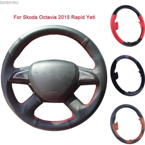 GERAYBU Custom DIY Leather Hand-sewn Car Steering Wheel Cover For Skoda Octavia Fabia 2014 Rapid 2013-2015 Superb 2013-2016 Yeti